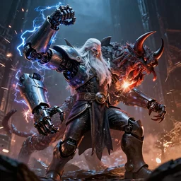 cyber - gandalf with large robotic arm with electric arcs and sparks battling the balrog epic cinematic 3 5 mm photograph