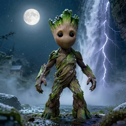 photorealistic full shot of Groot under waterfall at moonlight, snowing, lightning bolt, green color palette, high detail, unreal engine 4k volumetric light, fog,