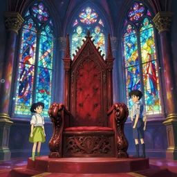 a gothic decorated throne room with enormous throne and columns and large windows with stained glass, magical, bright, colorful, fantastic lighting, amazing details, 4 k uhd, illustration by hayao miyazaki and makoto shinkai and ilya kuvshinov, artstation, pixiv,