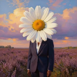 portrait, giant daisy flower as head, black woman in suit in heather field, surreal photography, golden hour, colorful clouds, impressionist painting, digital painting, artstation, simon stalenhag