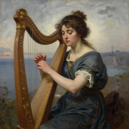 a painting of a beautiful Mediterranean maiden playing the lyre, by john william waterhouse, by John William Godward, by austin osman spare, symbolist painting, mist, volumetric render, digital painting, detailed painting, occult, sharp focus, intrincate details
