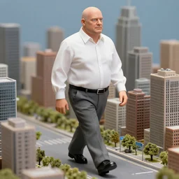 a giant middle aged balding blue eyed white man dressed in a white shirt, gray pants and black dress shoes walking in a miniature city