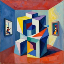 a cubist painting of a self-consuming 4d impossible building in a 4d perspective impossible cubism room by okuda san miguel and Patrick Akpojotor, vivid colors, complimentary colors, clear shapes, looping, 3d, twisting, pareidolia, 8k, hd, acrylic on canvas