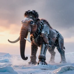 “photo of a futurist bio-mechanical mammoth in an arctic storm, fog, snow storm, cold sunset, wind , ice, photoreal”