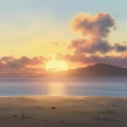 a wholesome animation key shot of a cute empty foggy beach sunset backlighting, studio ghibli, pixar and disney animation, sharp, rendered in gouache painting, anime gouache key art by greg rutkowski, bloom, dramatic, dynamic lighting