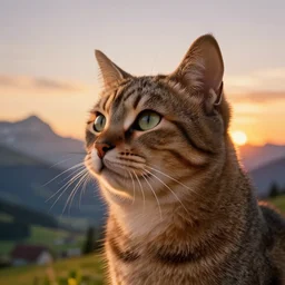 cat head in the sky, serene swiss landscape, digital artwork, photorealistic, sunset, very detailed, beautiful, volumetric lighting, high quality