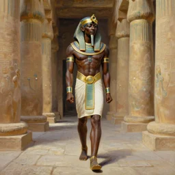 fantasy oilpainting by anders zorn depicting djimon hounsou, as a walking temple guard dressed in ancient egyptian decorative armor, walking through the hall of pillars in the egyptian temple