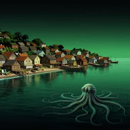 landscape view on an old fishing village at night, a tentacled creature emerging from the ocean, night colors, high - key lighting, beautiful composition, intricate, gradient from green to black, pro photography by, highly detailed, digital painting, art by artgerm and greg rutkowski and alphonse mucha, smooth, sharp focus illustration