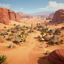 the new fantasy roleplaying metaverse location! virtual reality supported! come join us in the most popular in the metaverse! here is an incredible screenshot of a delightful village in a red rock sand dune desert, gorgeous! welcome to the future! hyper - realistic pixar studio ghibli, path tracing, unreal engine 5