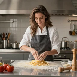 photo realistic picture of arnaud atchimon making pasta in her high end kitchen, high quality, high detailed, render, beautiful,