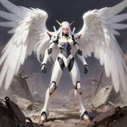 greg manchess painting of a 2 yorha type a no. 2 as mercy from overwatch!! in a wartorn environment!!, white long hair, large white wings, trending on artstation, by huang guangjian and gil elvgren and sachin teng