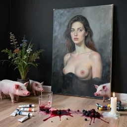 “ a portrait in a female art student ’ s apartment, sensual, art supplies, spilt drink, paint tubes, pigs, ikebana, herbs, a candle dripping white wax, black walls, squashed berries, berry juice drips, acrylic and spray paint and oilstick on canvas, surrealism, neoexpressionism ”