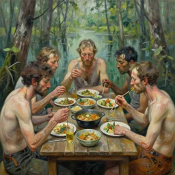 the people of the swamp are eating together, expressionistic masterpiece painting, beautiful brush strokes, advanced lighting technology, realistic faces and anatomy yet stylized