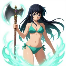 Anime in Bikini with Battleaxe glowing emanating teal energy, dungeons and dragons portrait, highly detailed, digital painting, artstation, concept art, sharp focus, illustration, art by artgerm and greg rutkowski and alphonse mucha, Unreal Engine, 8k, HD