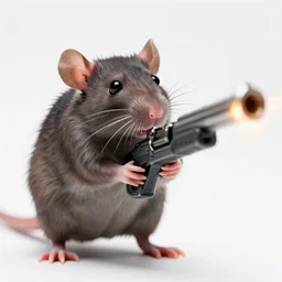 portrait of small bipedal fantasy realistic rat!! firing alien fantasy gun weapon, barrel at towards screen, cinematic, portrait, macro, from the new science fiction movie, white background, 8 k, f 1. 8!!!
