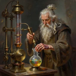 an old wizard operating a random pointlessly elaborate intricate contraption pneumatic machine extracting a healing potion anatomically correct hands dnd character art portrait matte fantasy painting deviantart artstation by jason felix by steve argyle by tyler jacobson cinematic lighting
