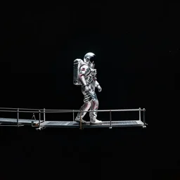 mysterious man in silver space suit, walking on a small steel catwalk, suspended by nothing, floating in the darkness of space, with a black background, photograph, wide angle, long shot