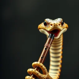 a high definition film photograph of a happy jazz snake playing with a flute.