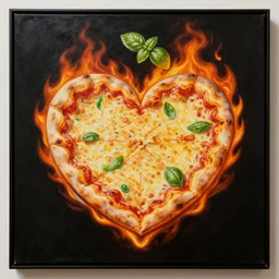 a oil painting of a cheese pizza! in the shape of a heart!, burning flames, on black background, basil flying, tightly framed, dramatic lighting, extremely detailed painting, smooth strokes, fine detail, sharp details, trending on artstation, masterpiece