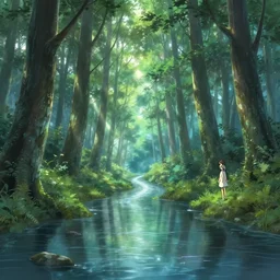 anime forest and river, magical, mythical, ethereal, hyper realistic, straight lines 8k hdr pixiv dslr photo by Makoto Shinkai ilya kuvshinov and Wojtek Fus, digital art, concept art,
