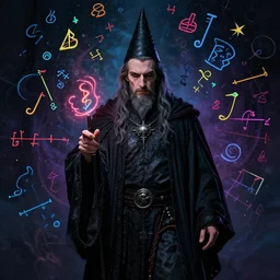a ( ( mathematician ) ) sorcerer, dark vibes, colorful math symbols fill the air, refractory patterns