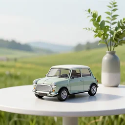 a small miniature of a Mini Cooper S 1963 on a white table near a vase with a plant, 3d render, octane render, unreal engine 5, path tracing, serene landscape, calm, relaxing, beautiful landscape, highly detailed, high quality, 4k, symmetrical, low contrast