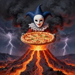 an extremely detailed pulcinella like character wearing a mask holding a large pizza in front of a volcano spewing lava and black smoke, from below, streams of glowing hot lava, flashes of lightning in the distance, wide shot, long shot, an ultrafine detailed painting by joe fenton, deviantart, pop surrealism, whimsical