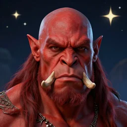 centralized head - on character portrait, red - skin handsome orc barbarian, bald, tusks, stars and night background, alphonse mucha, rhads, ross tran, artstation, artgerm, octane render, 1 6 k