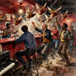 a rowdy watercolor of black gatecrashes in a deep south redneck bar, barstool and chickens flying through air, dust clouds, smooth, sharp focus, piano, ultrarealistic, art by dean cornwell and howard finster, paint splatters, artstation, octane render, low contrast, cinematic, dynamic volumetric lighting by delphin enjolras