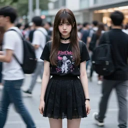Young cute serious beautiful kawaii goth caucasian girl standing still looking on camera motionless amidst a busy crowd of fast moving people in front