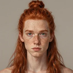 portrait of a thin young man with long red hair in a man bun, a lot of freckles on his face, intricate, symetric, highly detailed, digital painting, artstation, sharp focus