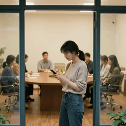 “a woman standing outside a meeting room with mobile phone”