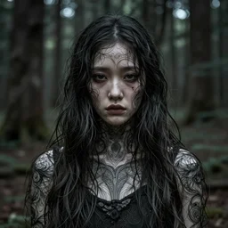 portrait, woman abcdef, in a forest h 5 ews, sad, lost, mysterious, intricate details, sharp focus, art by wlop, trending on artstation, deviantart