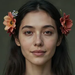 portrait of a neanderthal woman, symmetrical face, flowers in her hair, she has the beautiful calm face of her mother, slightly smiling, ambient light
