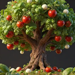 highly detailed 3 d render of a mythical tree with branches with omatoes and mozzarella balls and basil leaves, hyper realistic octane render, cinematic lighting, deviantart, lowbrow, surrealism, pixar still