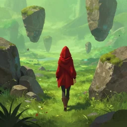 a beautiful illustration of a woman with red hood walking between rocks, by greg rutkowski, digital artwork, artstation, cgartists, conceptartworld, deviantart, magic the gathering artstyle, floating magical rocks, lush green meadow