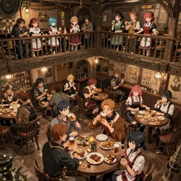 Digital anime art by WLOP and Mobius, A fantasy tavern with an upper balcony, filled with adventuring men and women, cute waitresses, very crowded, drinking mead, highly detailed, intriguing lighting