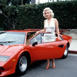 marilyn monroe getting into a Lamborghini Countach parked in Beverly hills in 1987