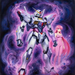 a highly detailed painting of a dreamy mecha shrouded in nebula magic by android jones, moebius, darling in the franxx, 4 k, 8 k, detailed line art, sharp, oil on canvas