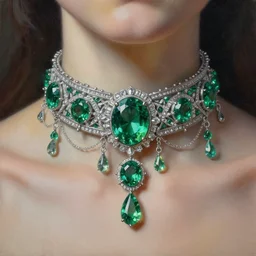 highly detailed oil painting, front view, ornate, delicate, brilliant magical emerald choker, octane render, realistic, dramatic light,