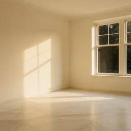 cream - colored room, vanilla - colored lighting, soft golden light, marble room, marble slabs, window to night time, night time, warm lighting inside, art by artgerm