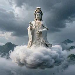 wenjun lin and ghibli digital illustration of a huge clouds - guanyin statue made of smoke and clouds in the air, rainstorm, summer ， mountain, unreal engine, hyper realism, realistic shading, cinematic composition, realistic render, octane render, detailed textures, photorealistic, wide shot