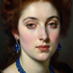 a renaissance oil painting close shot face portrait by alma tadema of a demon vampire beautiful woman wearing sapphire jewellery, colourful pastel, detailed academic bouguereau, sharp focus, high contrast studio lighting