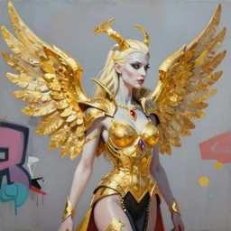 wiman with gloden wings portrait painting of camilla vampiress queen of styria as overwatch character, pale blonde hair, medium shot, asymmetrical, profile picture, organic painting, sunny day, matte painting, bold shapes, hard edges, street art, trending on artstation, by huang guangjian, gil elvgren, ruan jia, greg rutkowski, gaston bussiere