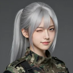 girl, silver hair ((ponytail)), (winking), multicam (camo), trending on artstation, detailed, cinematic full body shot, ilustration by Takehiko Inoue (((and Yoann Lossel))) (((and Yoji Shinkawa)))