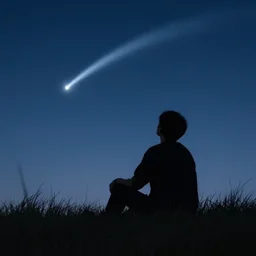 a silhouette of a person sitting in a grass field, they are looking up at the sky in which there is a comet passing in front of them, shot from the back digital art trending on artstation