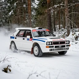 a 1 9 9 2 lancia delta hf integrale evoluzione, racing through a rally stage in a snowy forest