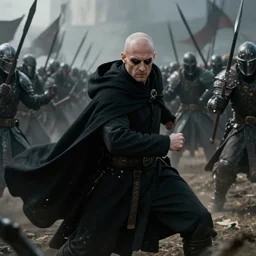 cinematic artwork of balding man in his late 4 0 s with black colored eyes and wearing a black cloak, fighting in battle against an army of warriors by greg rutowski, 4 k, fantasy, masterpiece
