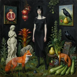 realistic painting of a emo female artist's garden, black dripping walls, tall emo girl, stone sculptures, a fox, a pear, paintings on black walls, pomegranate, bromeliads, herbs, raven, courgettes, berries, zen, sensual, surrealist painting by magritte and rousseau