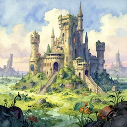 futuristic scifi castle in a lush quagmire. watercolor by award - winning iranian comic artist, depth of field, vibrant colors.